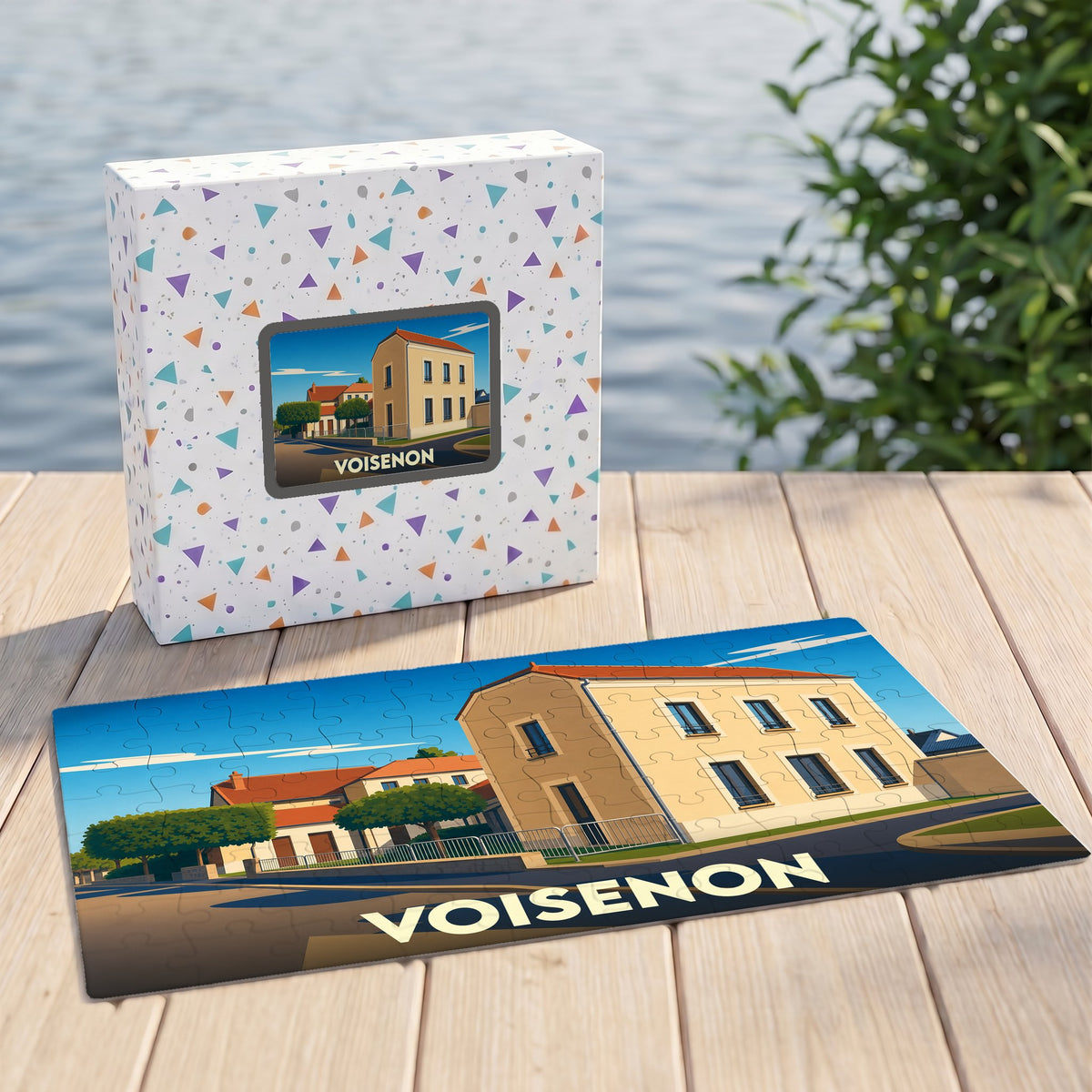 Puzzle souvenir de la ville de Voisenon avec une illustration stylisée d'un bâtiment communal.