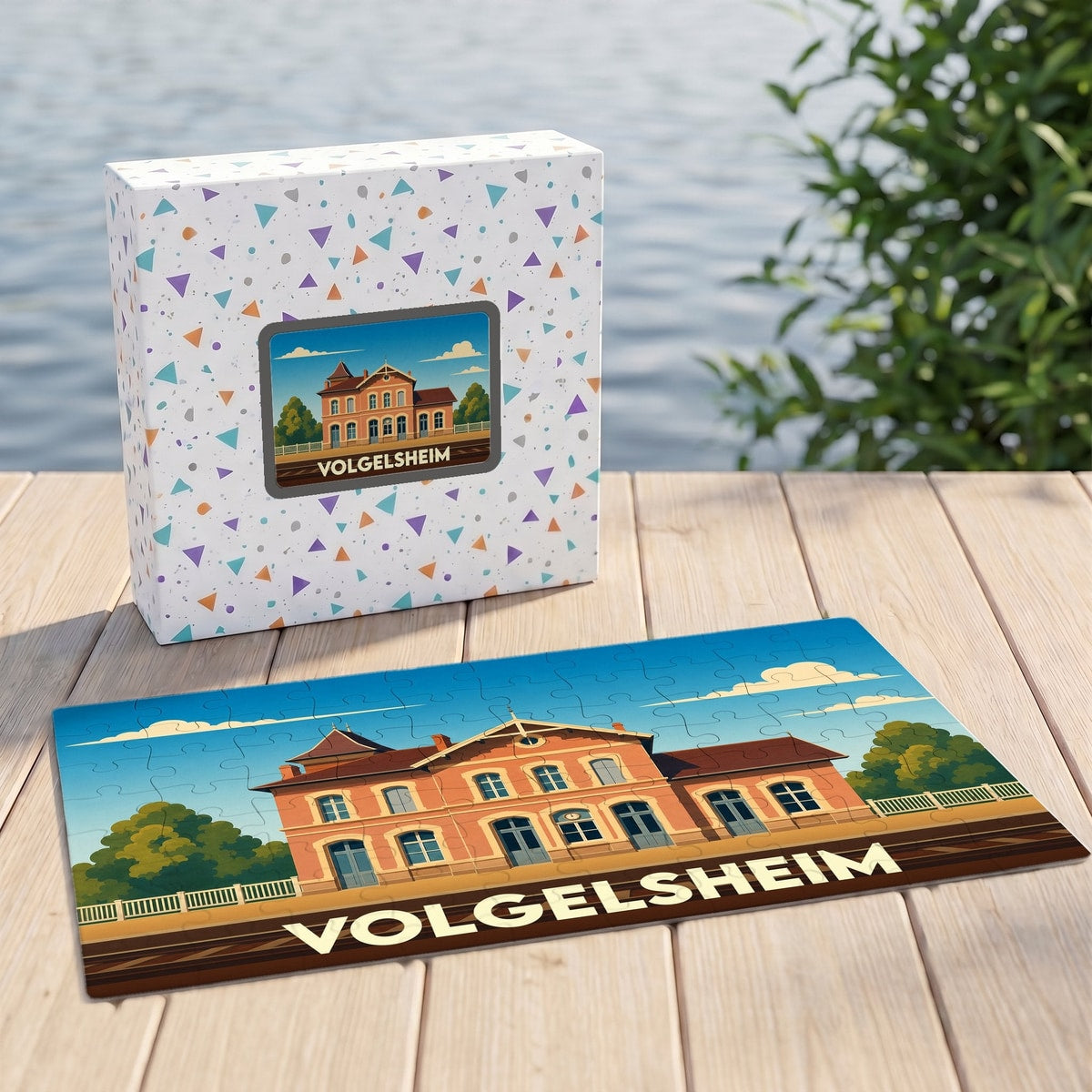Puzzle souvenir de la ville de Volgelsheim avec une illustration stylisée de sa gare ferroviaire.