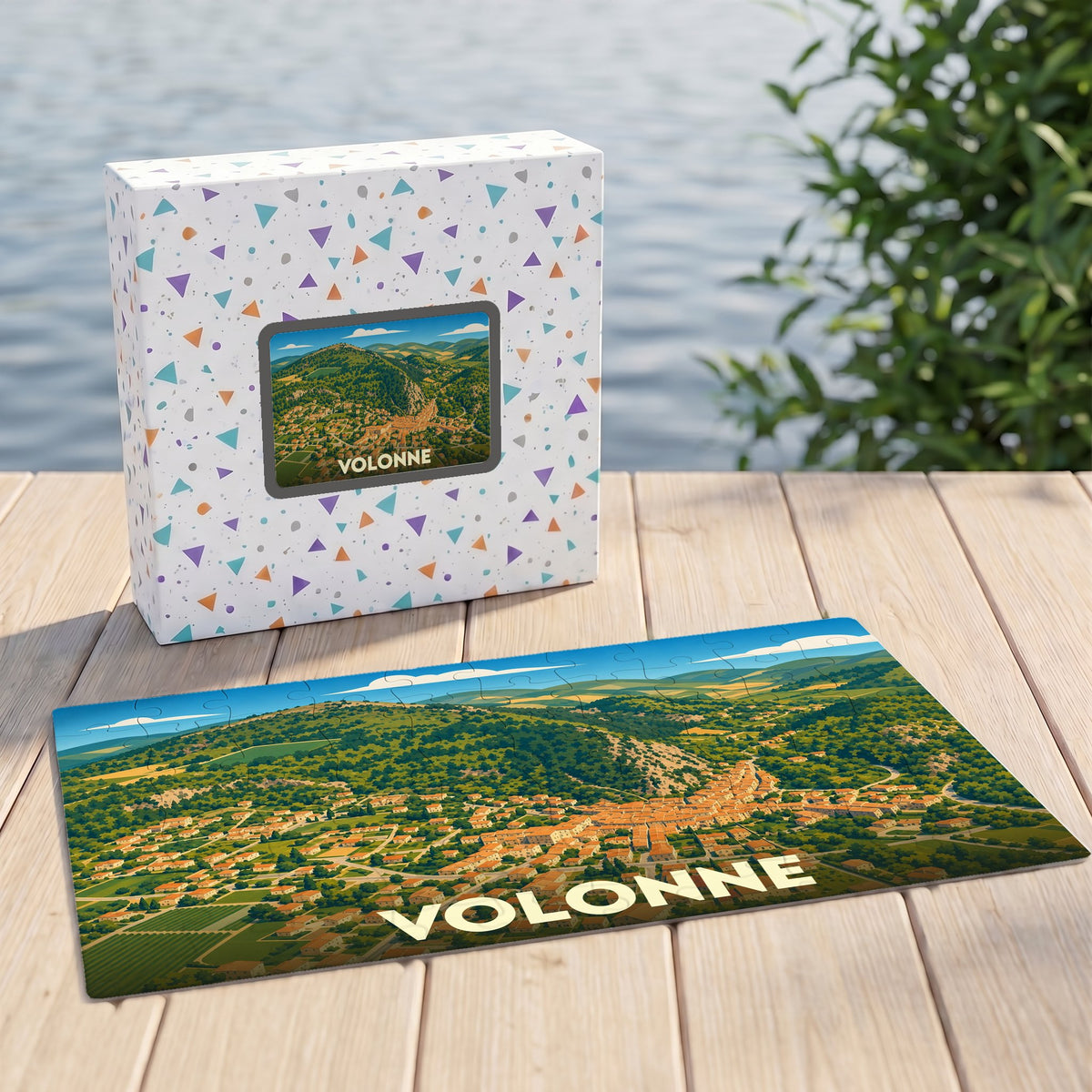 Puzzle souvenir de la ville de Volonne avec une illustration panoramique stylisée.