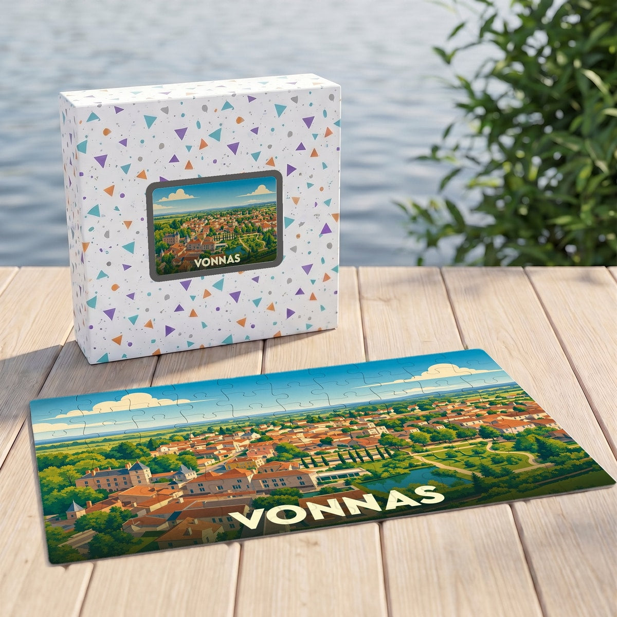 Puzzle souvenir de la ville de Vonnas avec une illustration panoramique stylisée.
