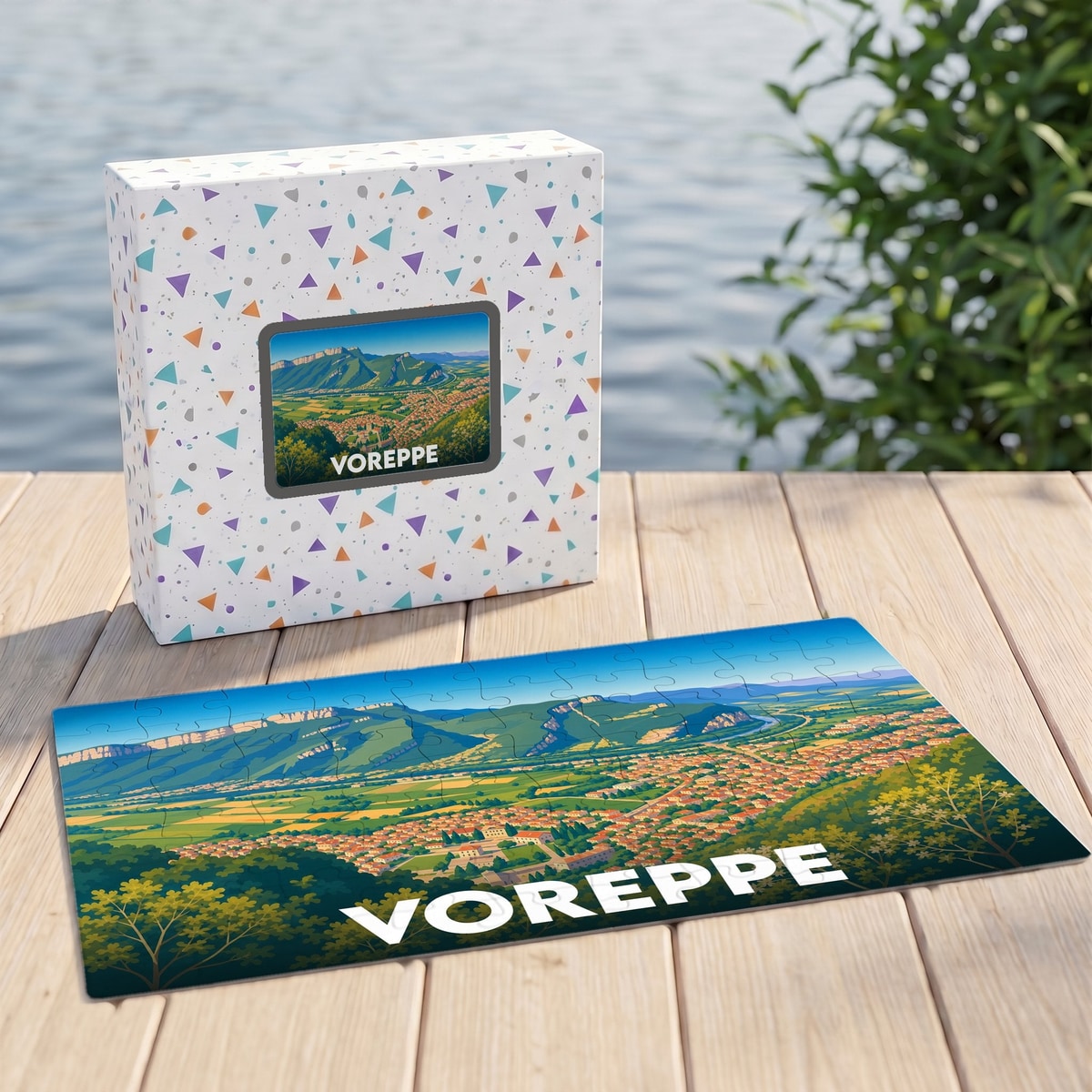 Puzzle souvenir de la ville de Voreppe illustrant un paysage de vallée montagneuse.