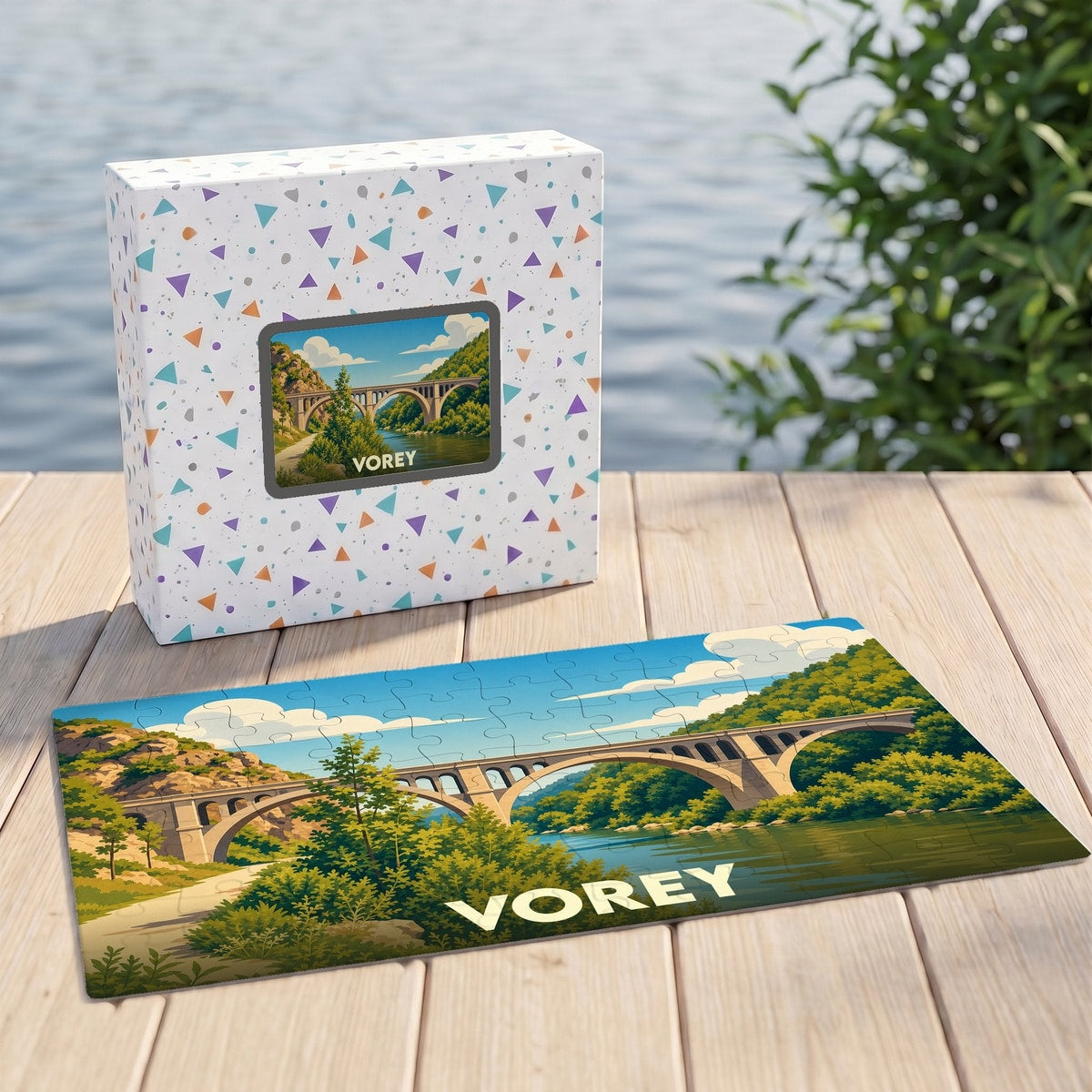 Puzzle souvenir de la ville de Vorey illustrant un pont en arc au-dessus d'une rivière.