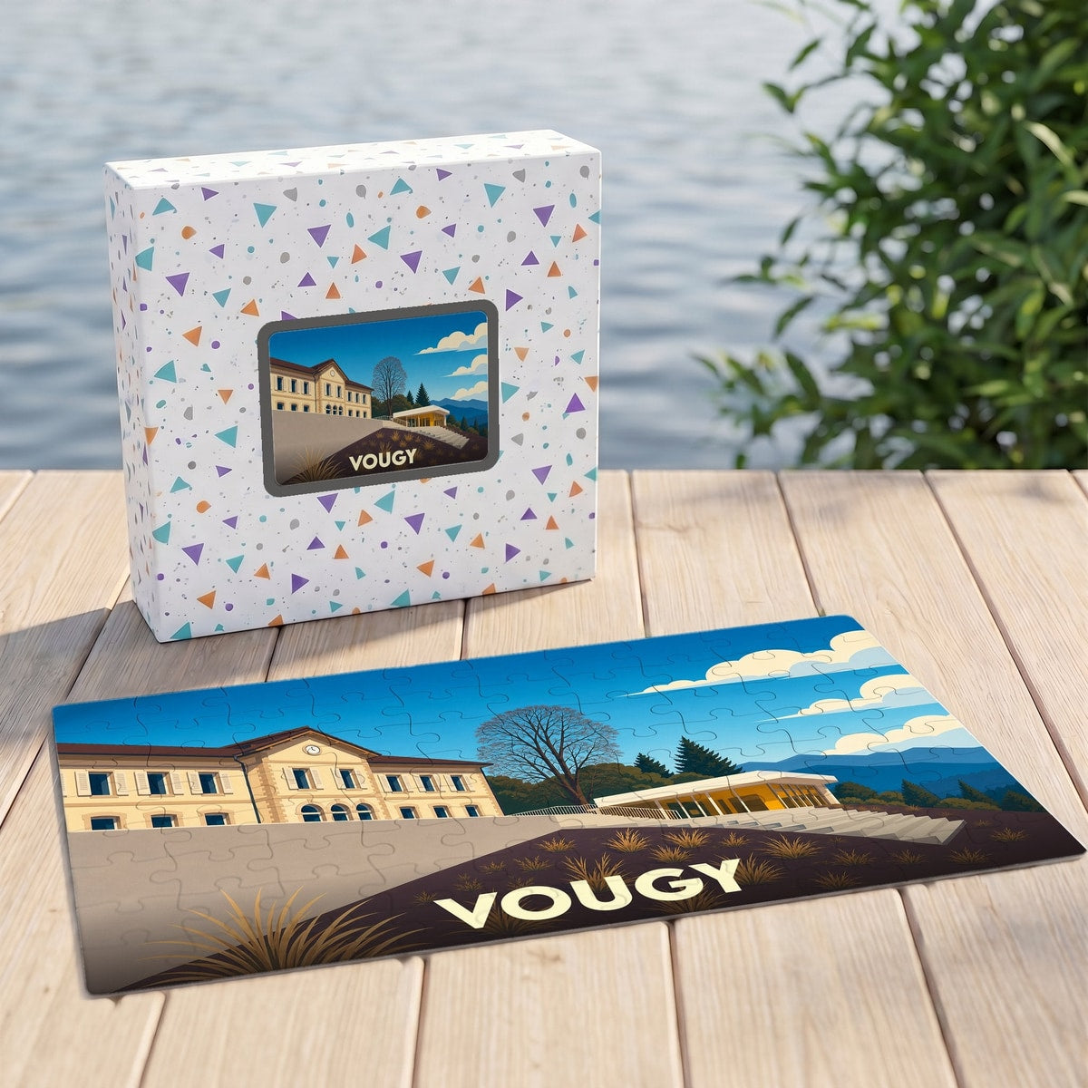 Puzzle souvenir de la ville de Vougy avec une illustration stylisée et colorée.