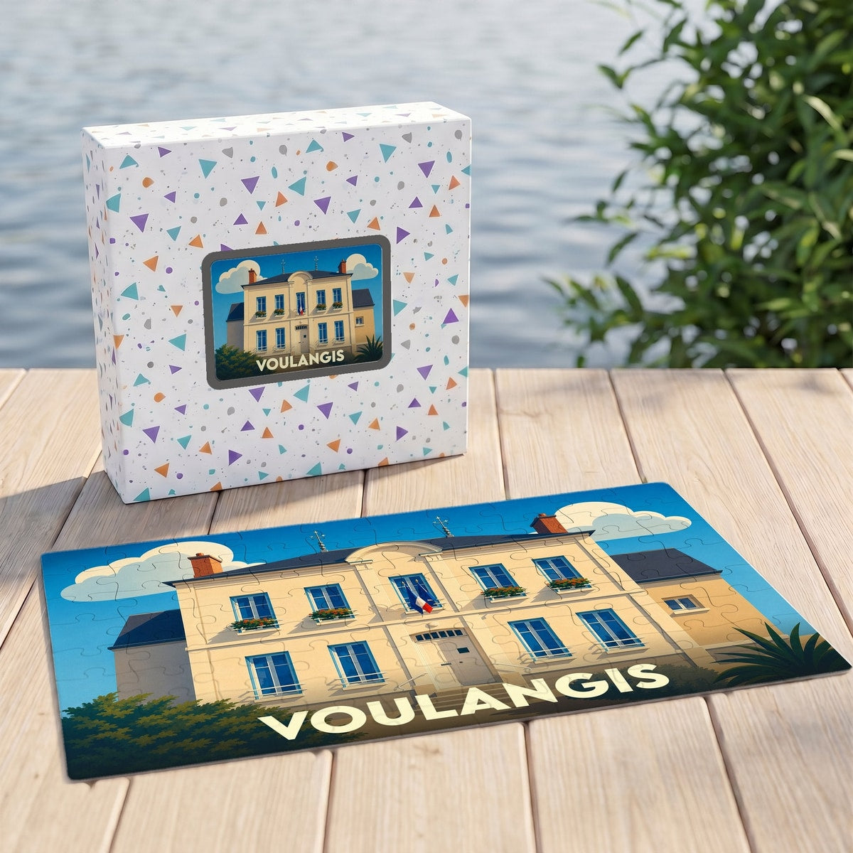 Puzzle souvenir de la ville de Voulangis avec une illustration stylisée de sa mairie.