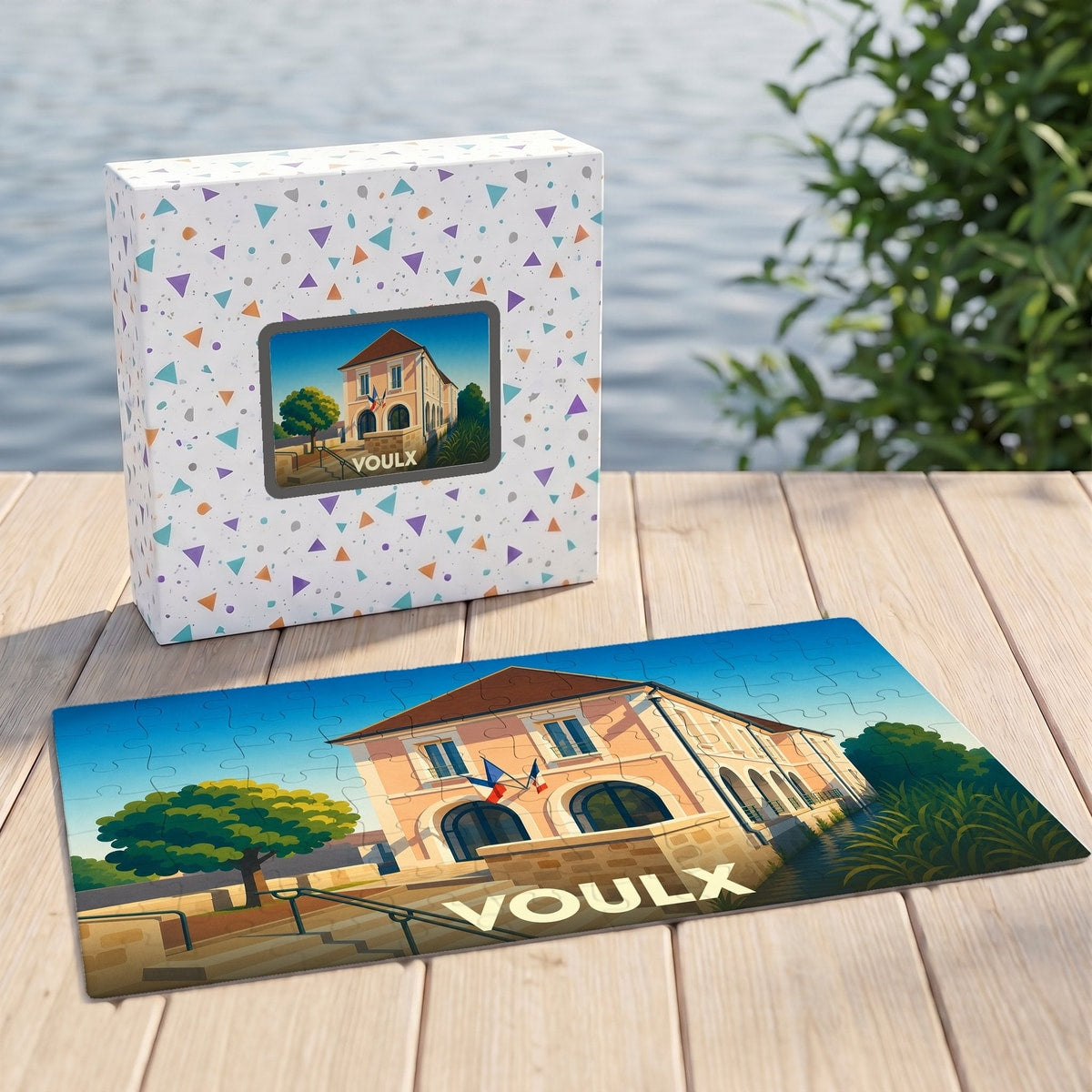 Puzzle souvenir de la ville de Voulx avec une illustration stylisée.