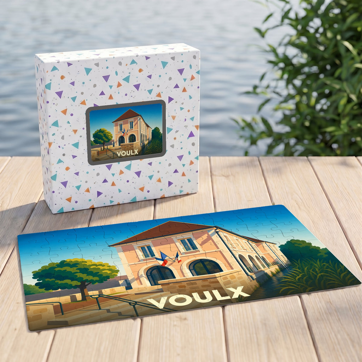 Puzzle souvenir de la ville de Voulx avec une illustration stylisée.