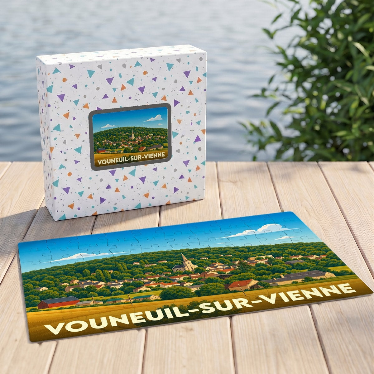 Puzzle souvenir de la ville de Vouneuil-sur-Vienne avec une illustration panoramique stylisée.
