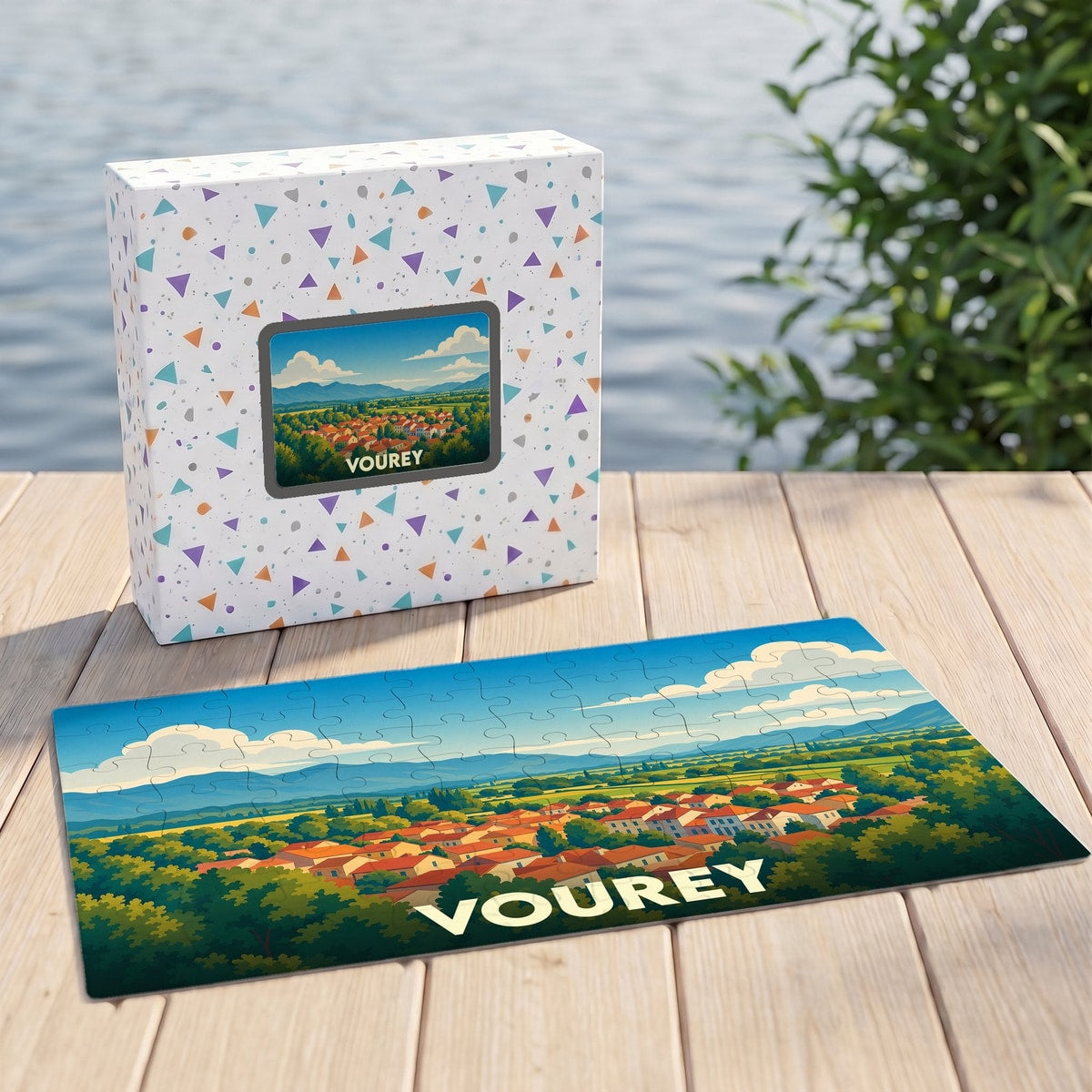 Puzzle souvenir de la ville de Vourey illustrant un paysage vallonné et ensoleillé.