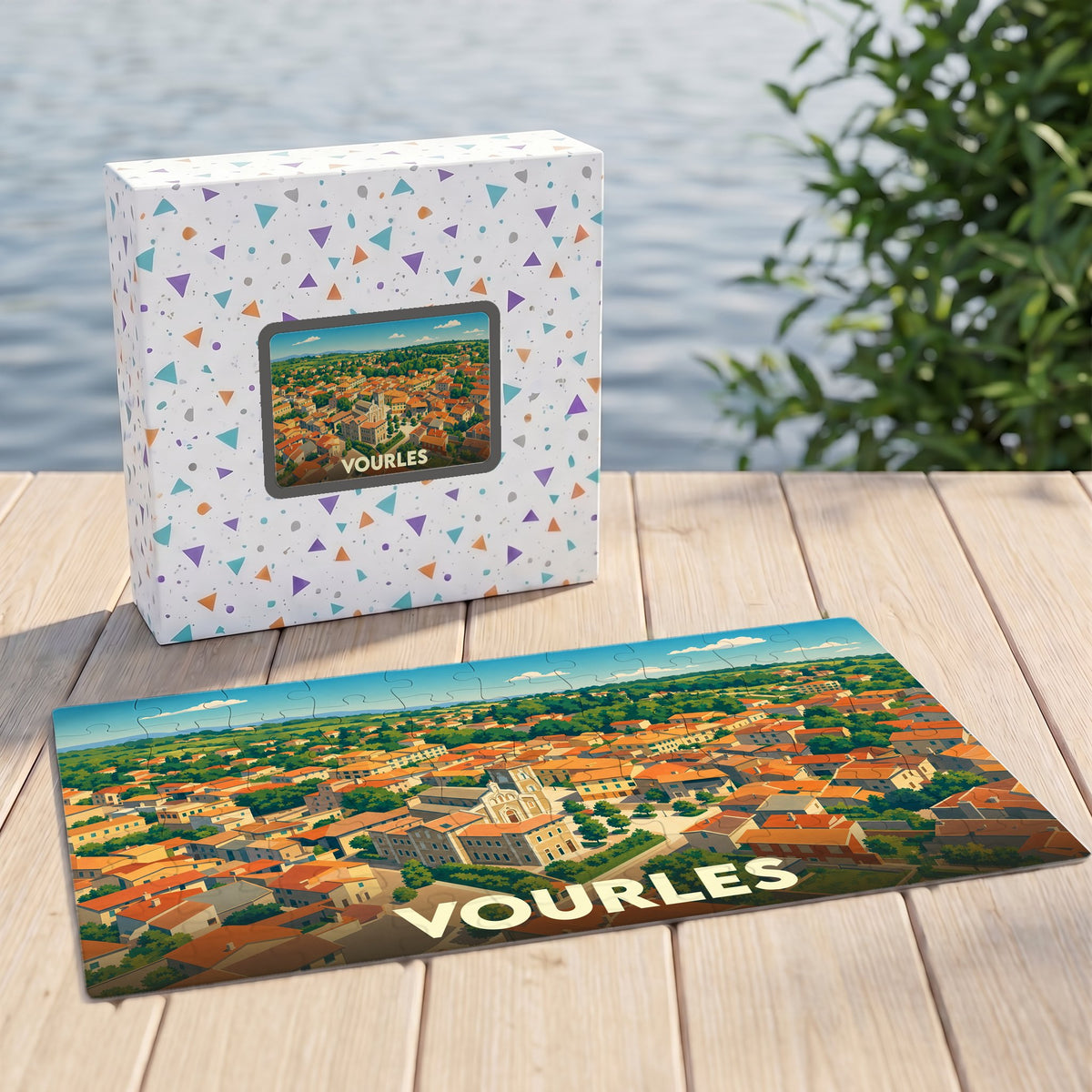 Puzzle souvenir de la ville de Vourles avec une illustration stylisée vue du ciel.