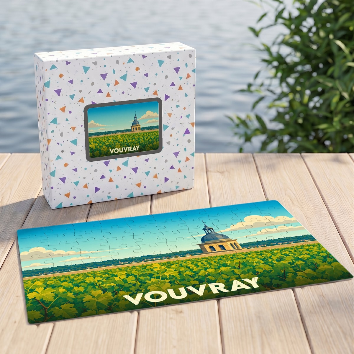 Puzzle souvenir de la ville de Vouvray avec une illustration stylisée d'un vignoble et de son dôme.