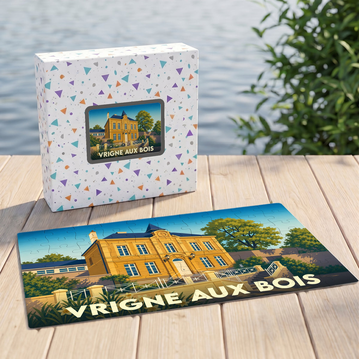 Puzzle souvenir de la ville de Vrigne aux Bois avec une illustration stylisée d'un manoir.