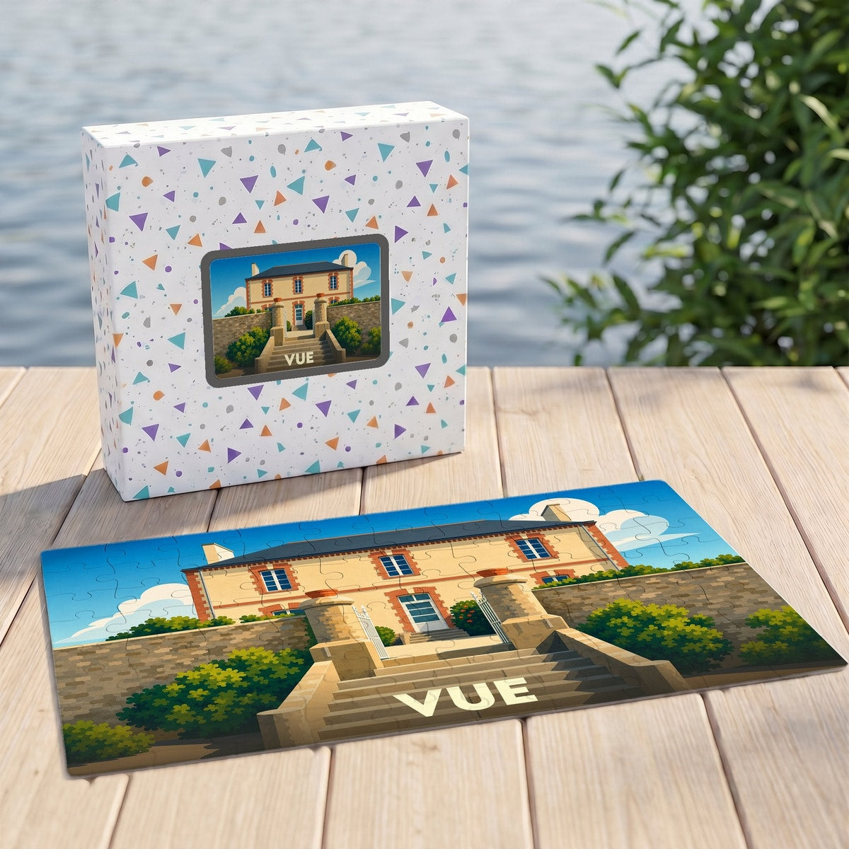 Puzzle souvenir de la ville de Vue avec une illustration stylisée d'une maison de maître.