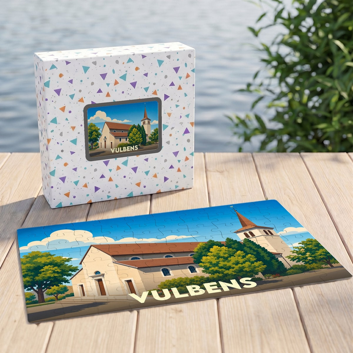 Puzzle souvenir de la ville de Vulbens avec une illustration stylisée de son église.