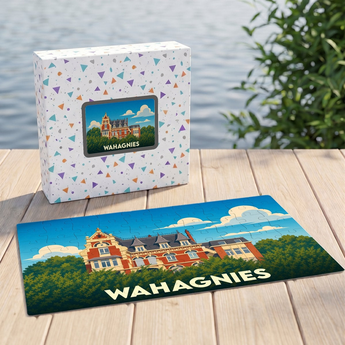 Puzzle souvenir de la ville de Wahagnies avec une illustration stylisée d'un château rouge.