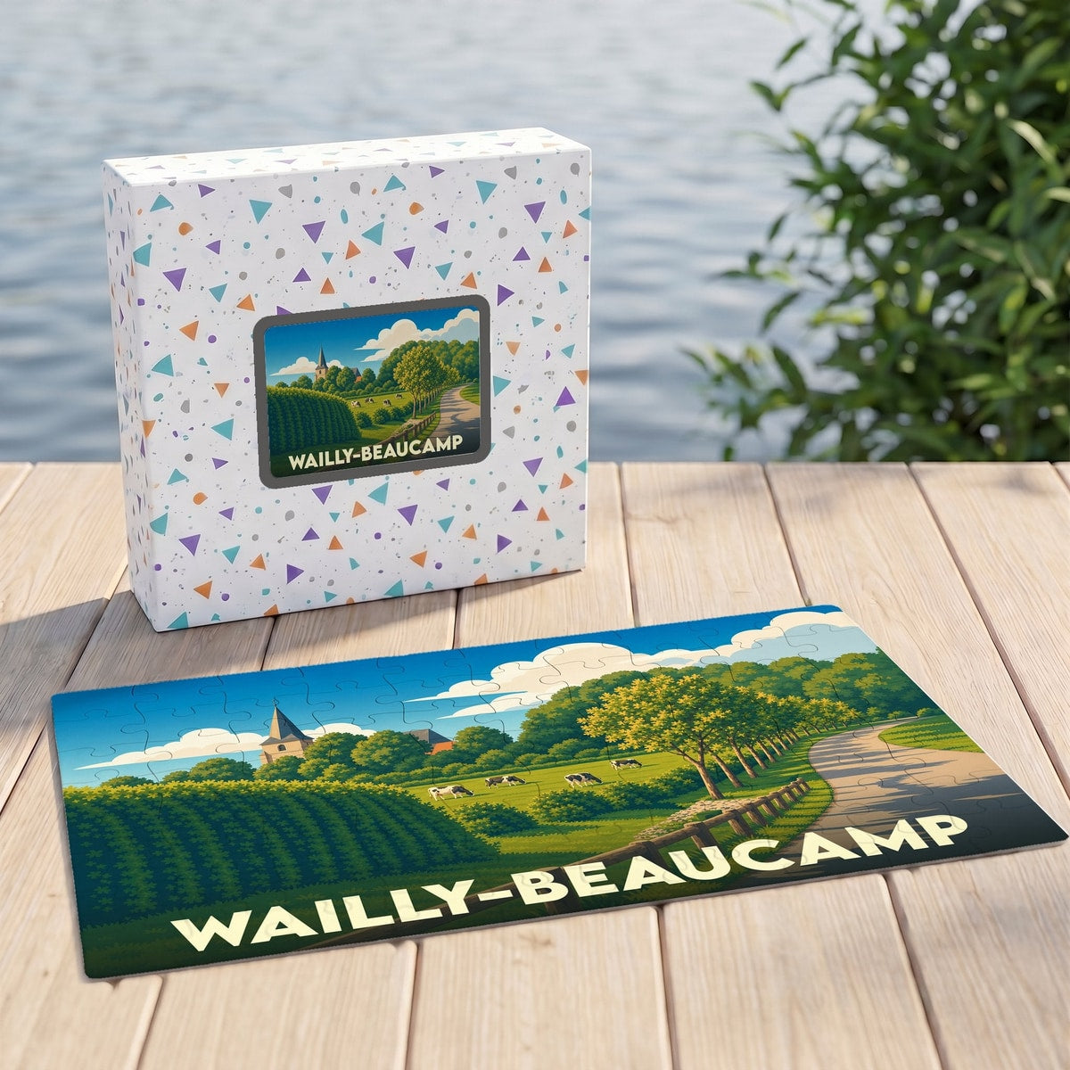 Puzzle souvenir de la ville de Wailly-Beaucamp avec une illustration de paysage champêtre.
