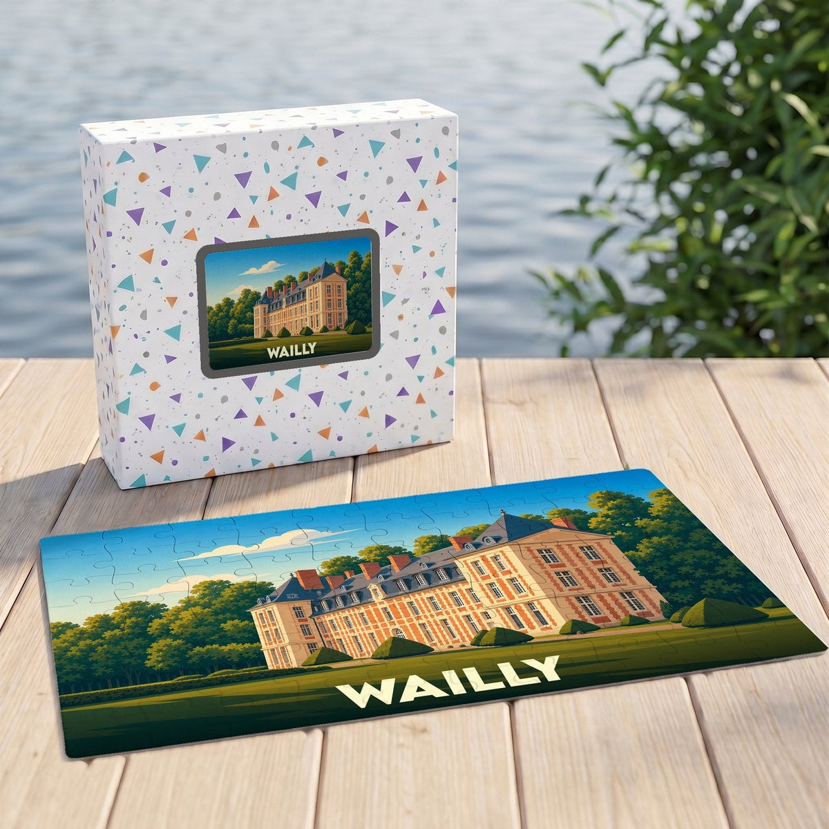 Puzzle souvenir de la ville de Wailly avec une illustration stylisée d'un château.