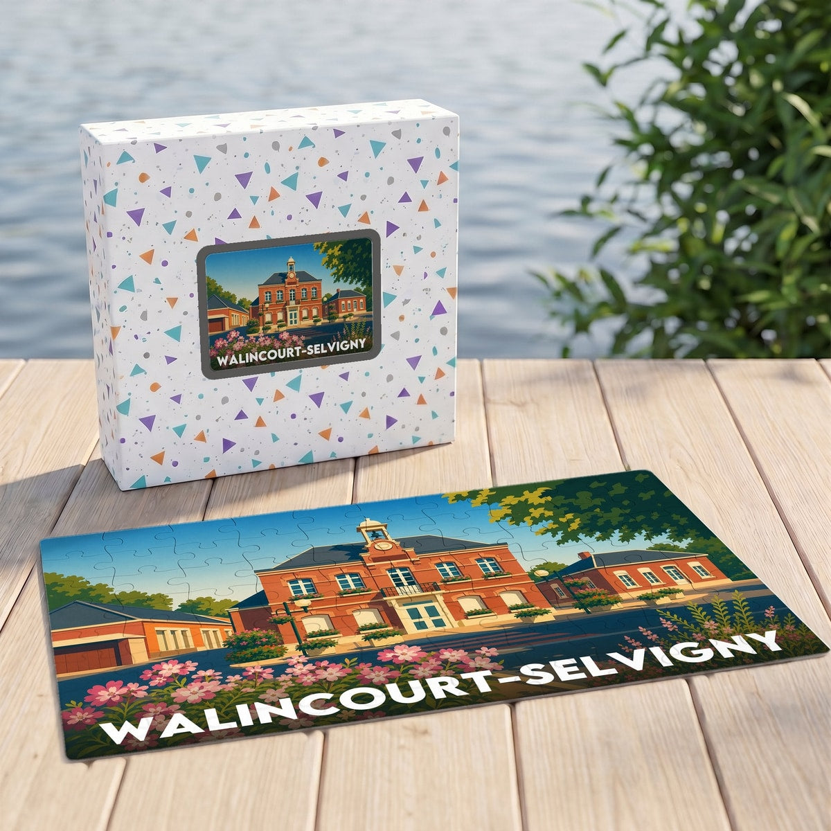 Puzzle souvenir de la ville de Walincourt-Selvigny avec une illustration stylisée de sa mairie.