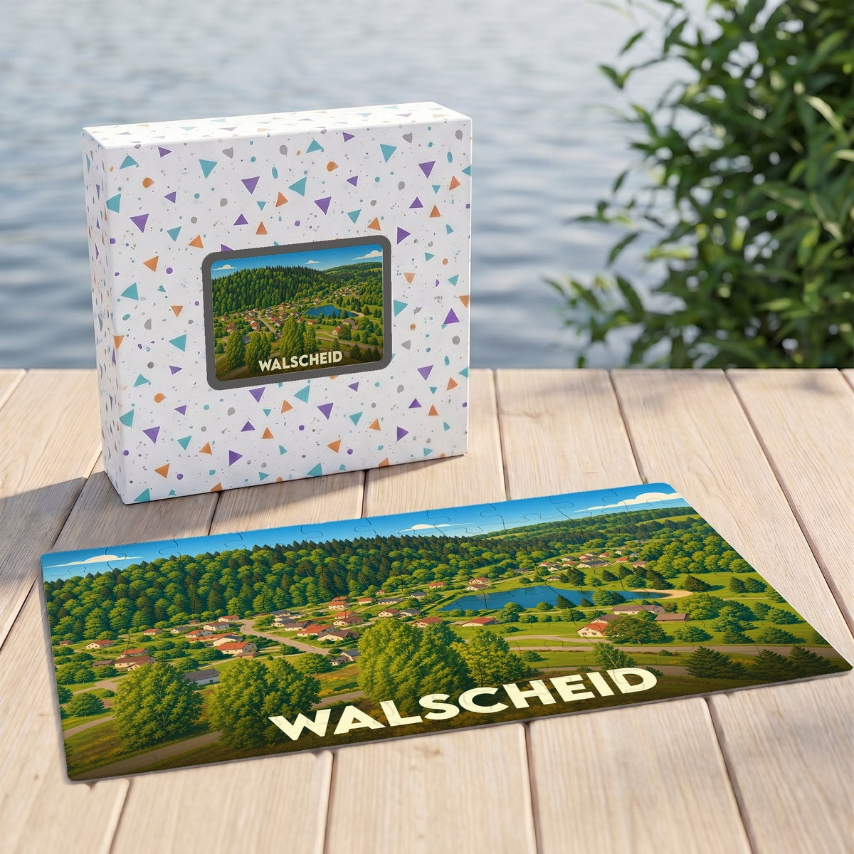 Puzzle souvenir de la ville de Walscheid représentant une vue panoramique illustrée de la commune et de sa nature environnante.