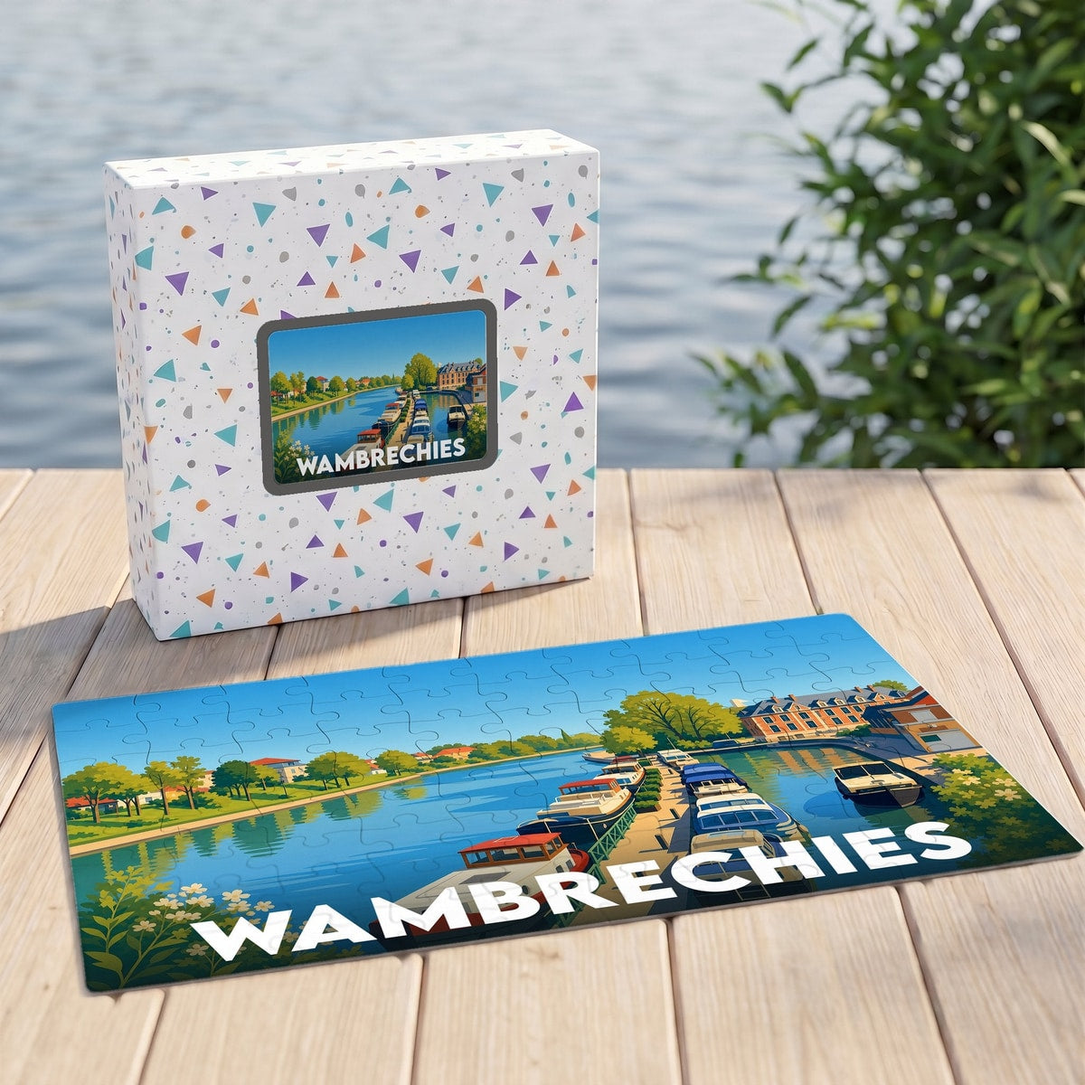 Puzzle souvenir de la ville de Wambrechies illustrant un canal avec des péniches dans un style graphique épuré.