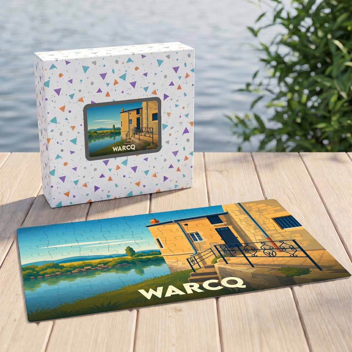 Puzzle souvenir de la ville de Warcq avec une illustration stylisée d'un paysage en bord de l'eau.