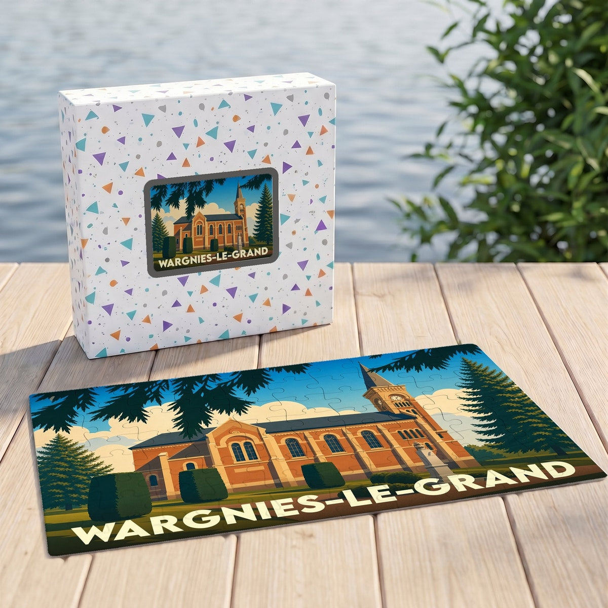 Puzzle souvenir de la ville de Wargnies-le-Grand avec une illustration stylisée de son église.