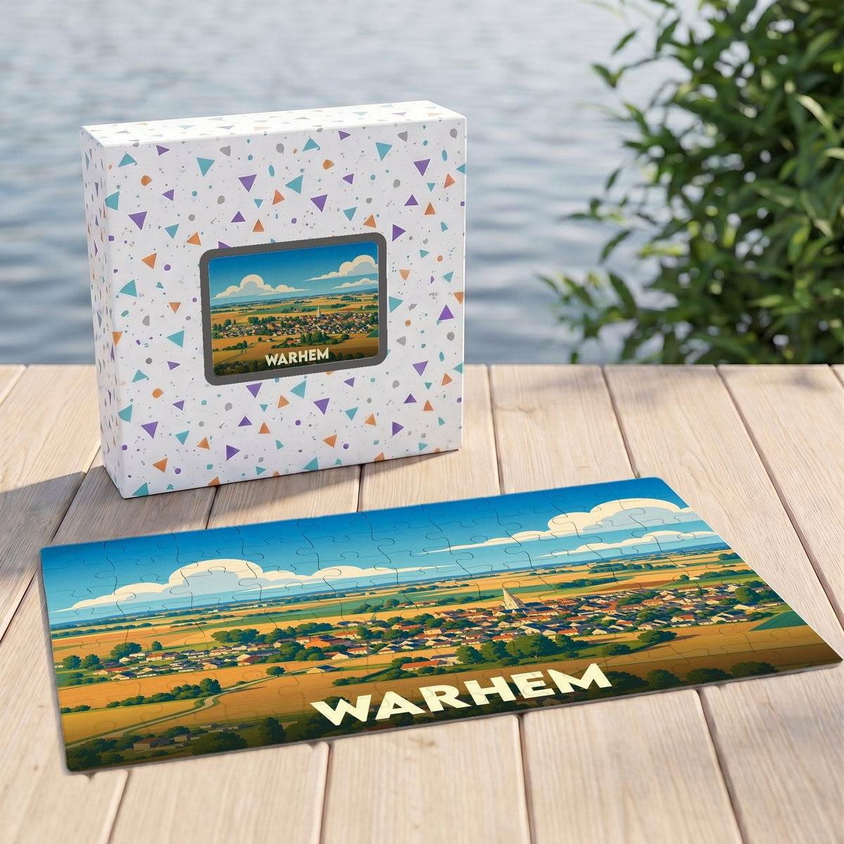 Puzzle souvenir de la ville de Warhem avec une illustration stylisée d'un paysage champêtre.