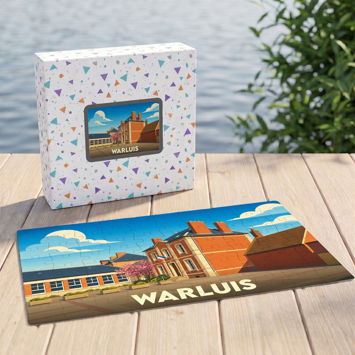 Puzzle souvenir de la ville de Warluis illustrant son patrimoine architectural dans un style coloré.