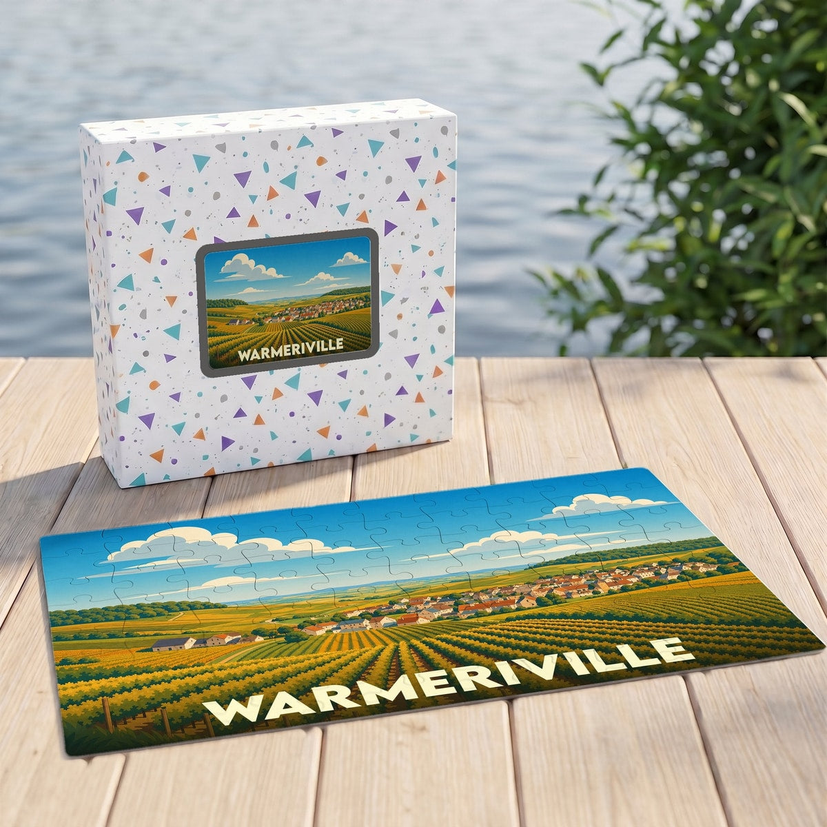 Puzzle souvenir de la ville de Warmeriville représentant un paysage de campagne illustré.