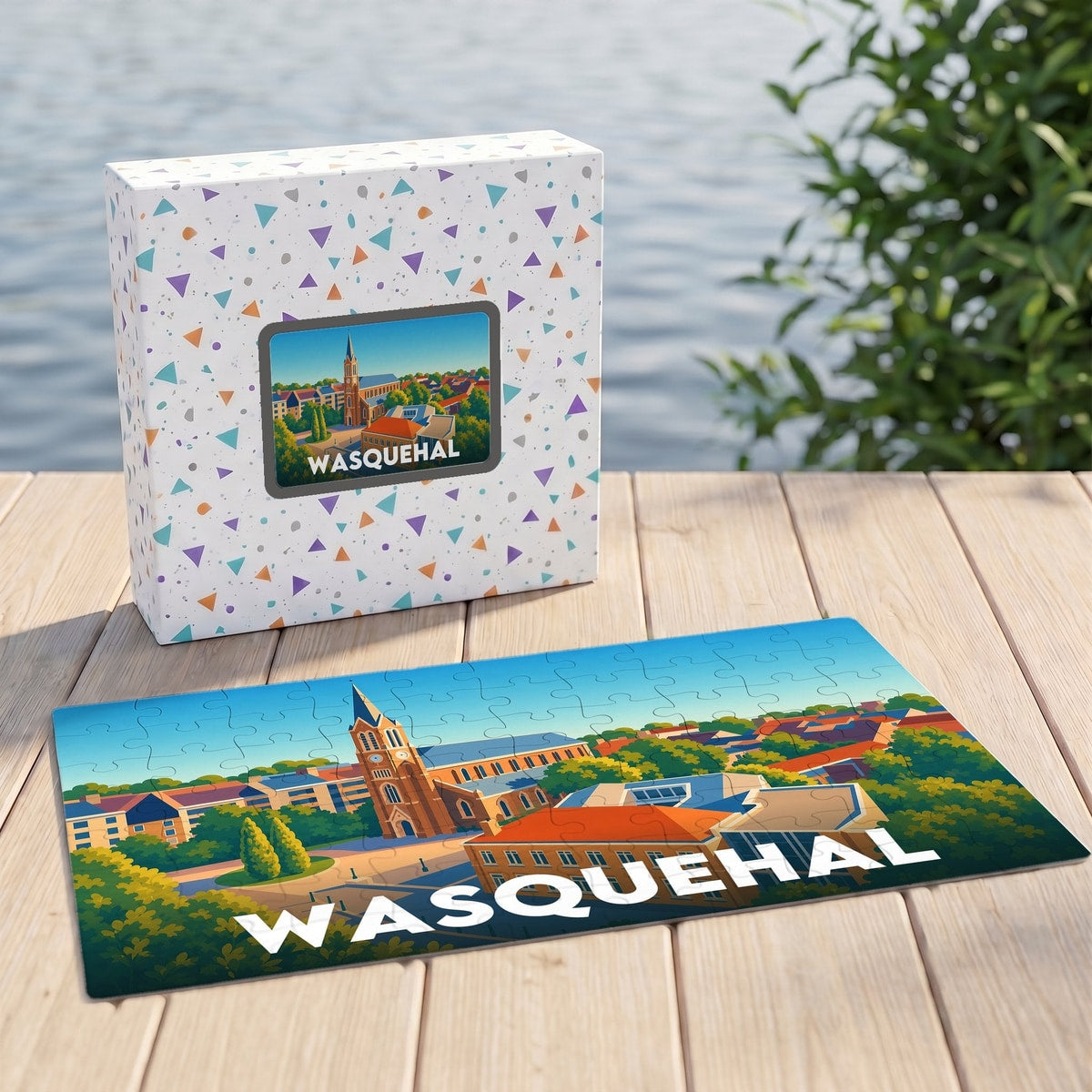Puzzle souvenir de la ville de Wasquehal avec une illustration stylisée et colorée.