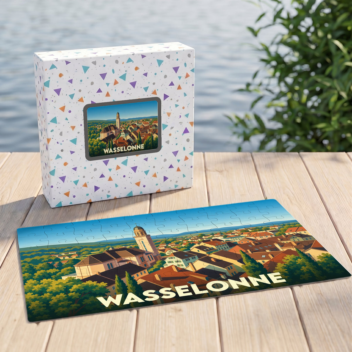 Puzzle souvenir de la ville de Wasselonne présentant une illustration panoramique stylisée.