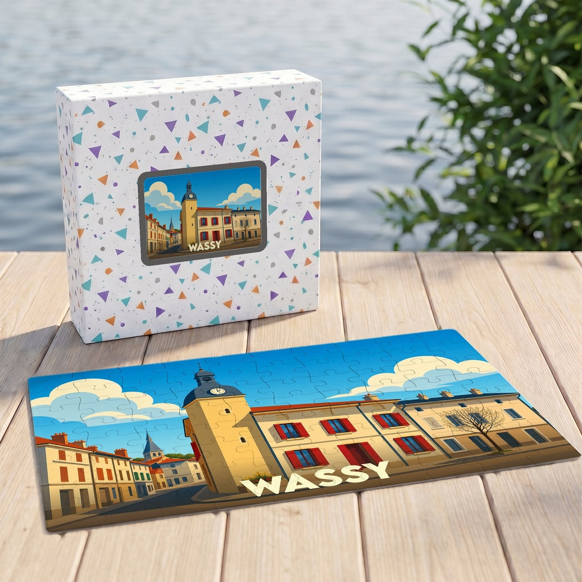 Puzzle souvenir de la ville de Wassy avec une illustration stylisée.