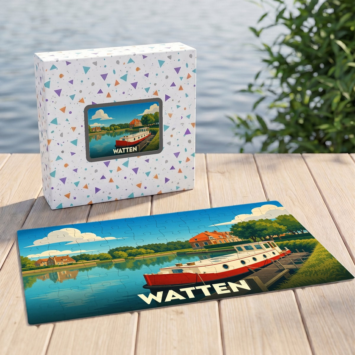 Puzzle souvenir de la ville de Watten avec une illustration stylisée d'une péniche sur l'eau.