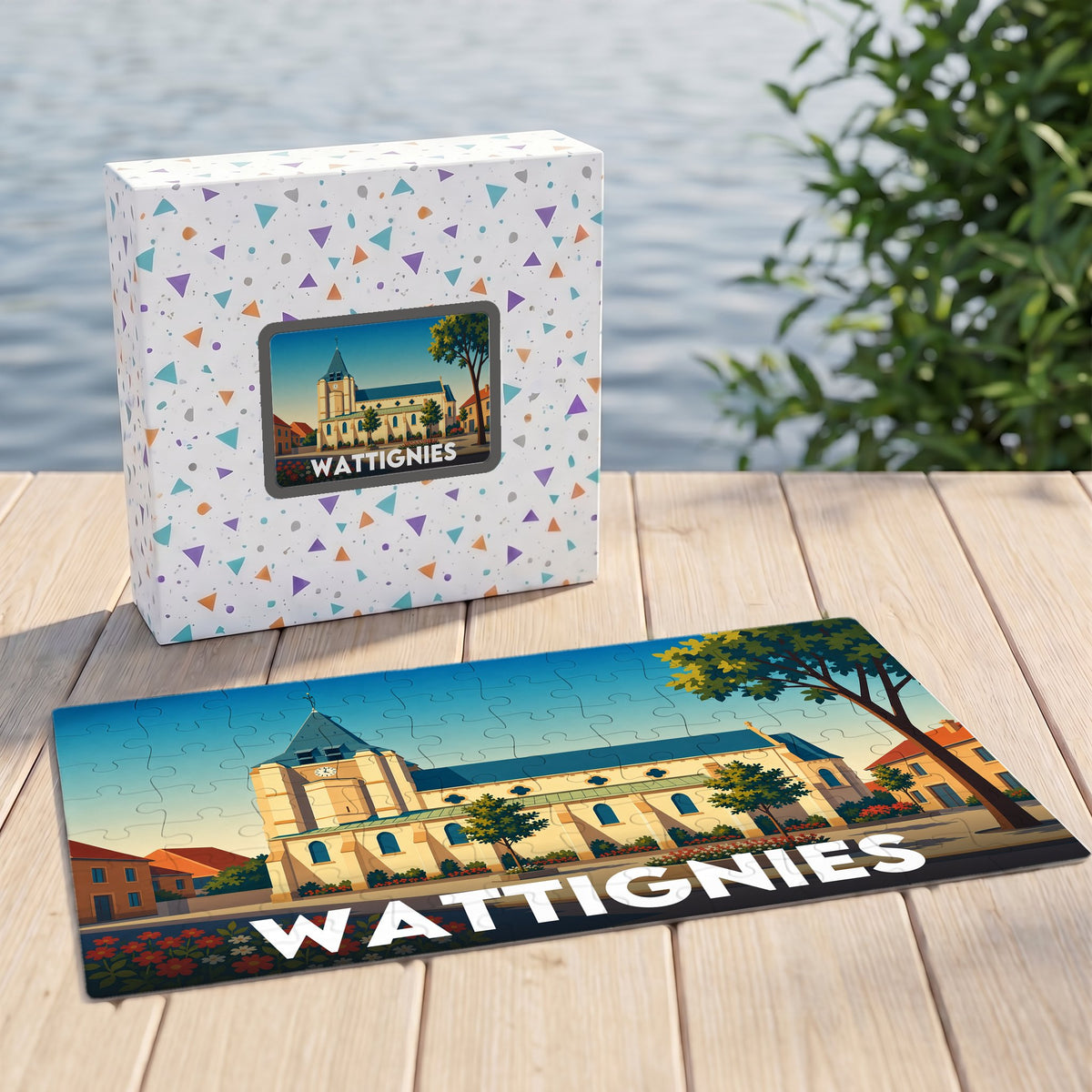 Puzzle souvenir de la ville de Wattignies avec une illustration stylisée de son église.