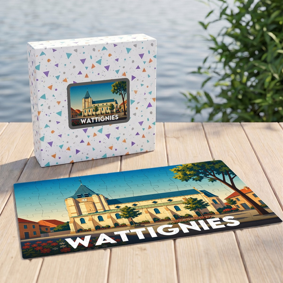 Puzzle souvenir de la ville de Wattignies avec une illustration stylisée de son église.