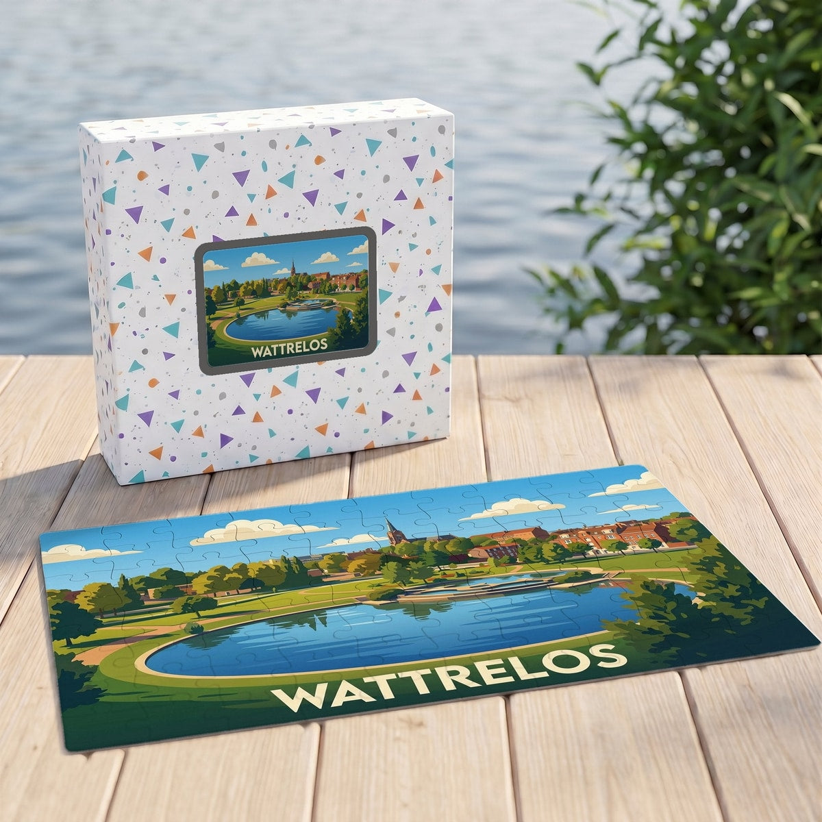 Puzzle souvenir de la ville de Wattrelos avec une illustration stylisée de son parc urbain.