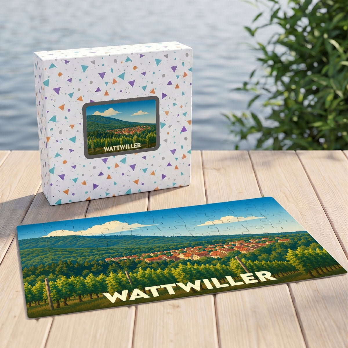 Puzzle souvenir de la ville de Wattwiller avec une illustration stylisée de ses paysages.
