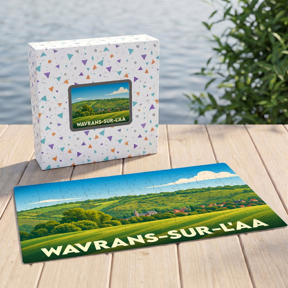 Puzzle souvenir de la ville de Wavrans-sur-l'Aa avec une illustration paysagère stylisée.