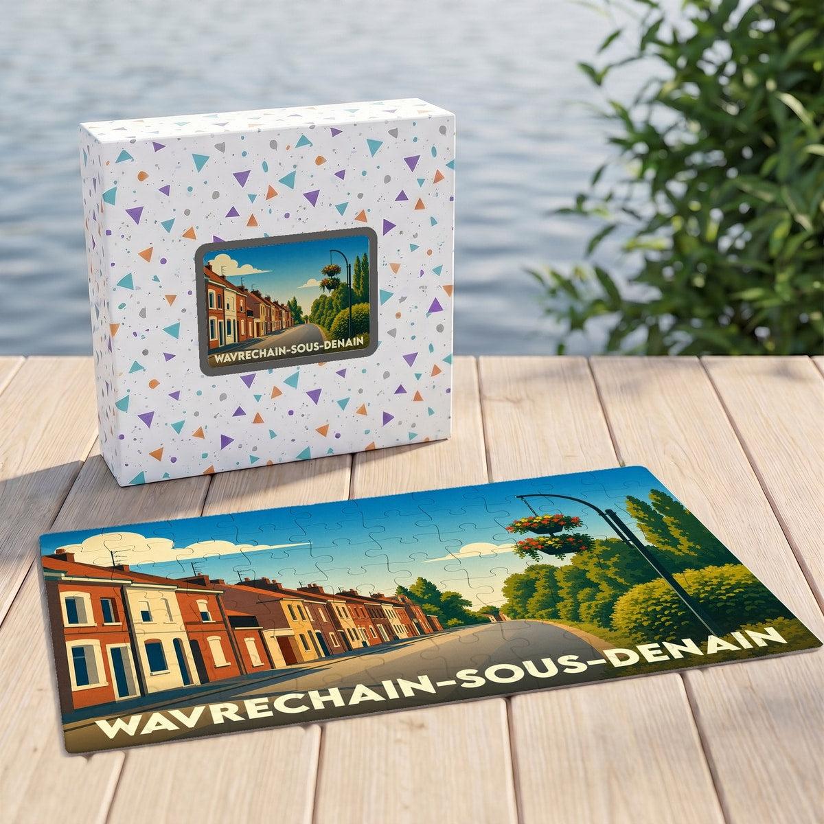 Puzzle souvenir de la ville de Wavrechain-sous-Denain avec son coffret illustré.