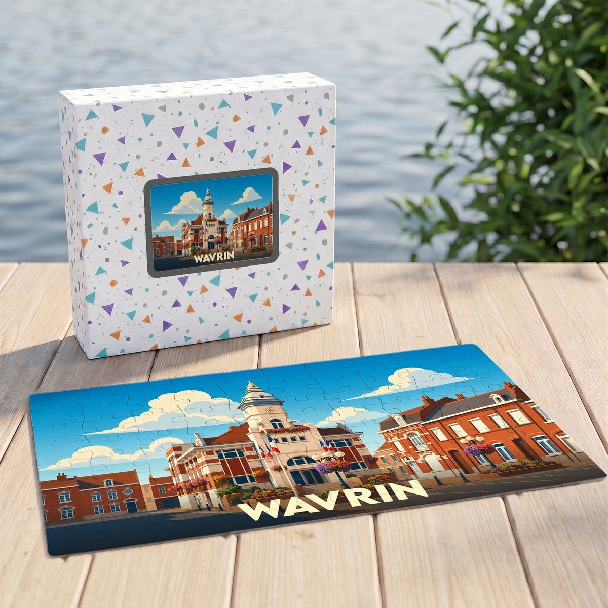 Puzzle souvenir de la ville de Wavrin avec une illustration stylisée de son hôtel de ville.
