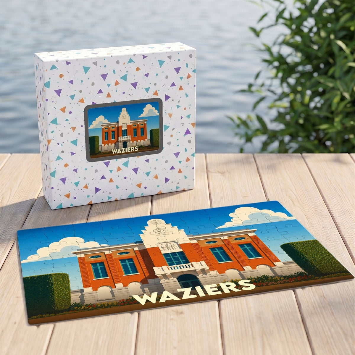 Puzzle souvenir de la ville de Waziers avec une illustration stylisée de son hôtel de ville.