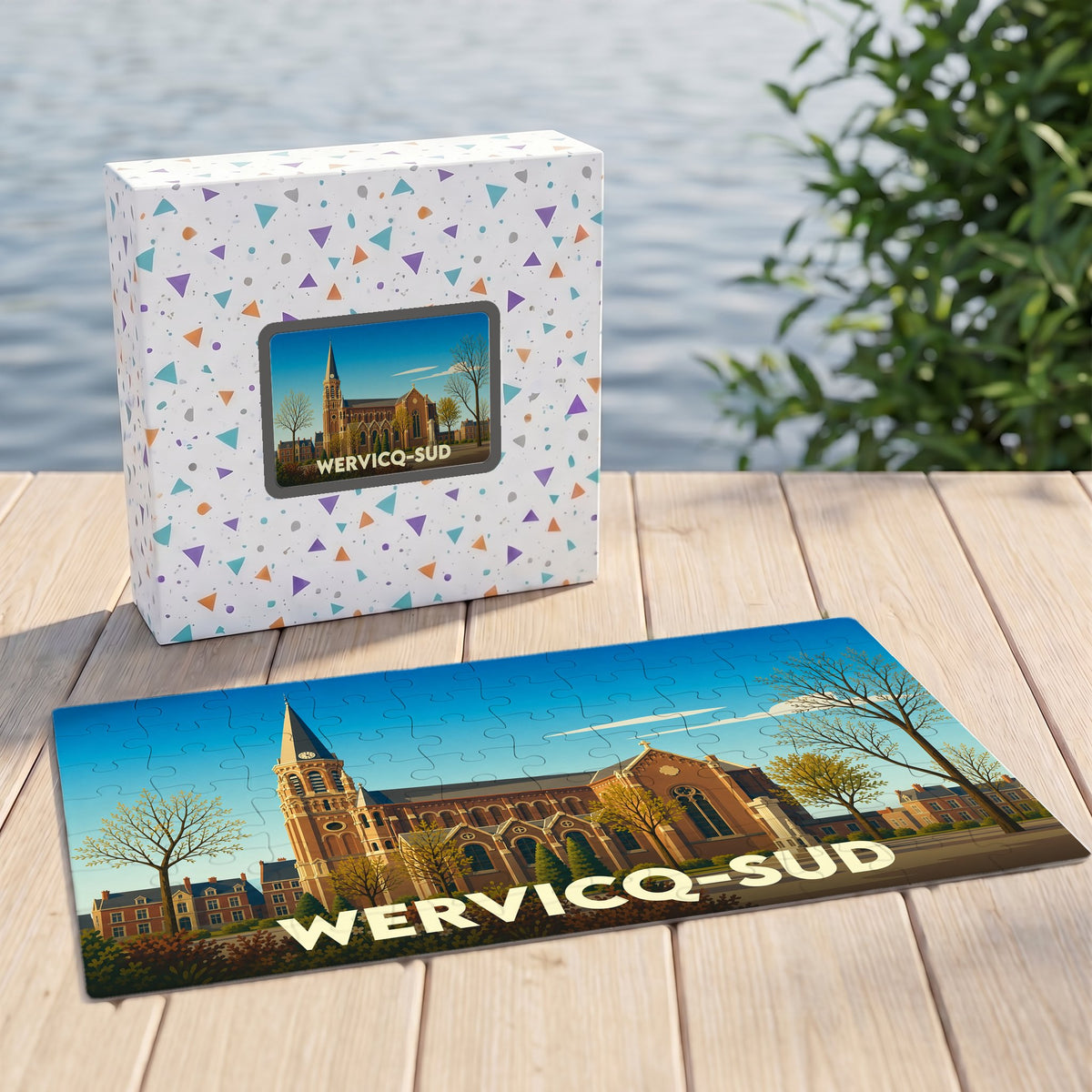 Puzzle souvenir de la ville de Wervicq-Sud avec une illustration stylisée de son église et de son architecture.