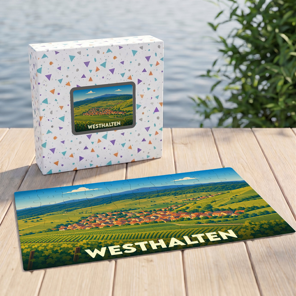 Puzzle souvenir de la ville de Westhalten illustrant ses paysages de vignobles.