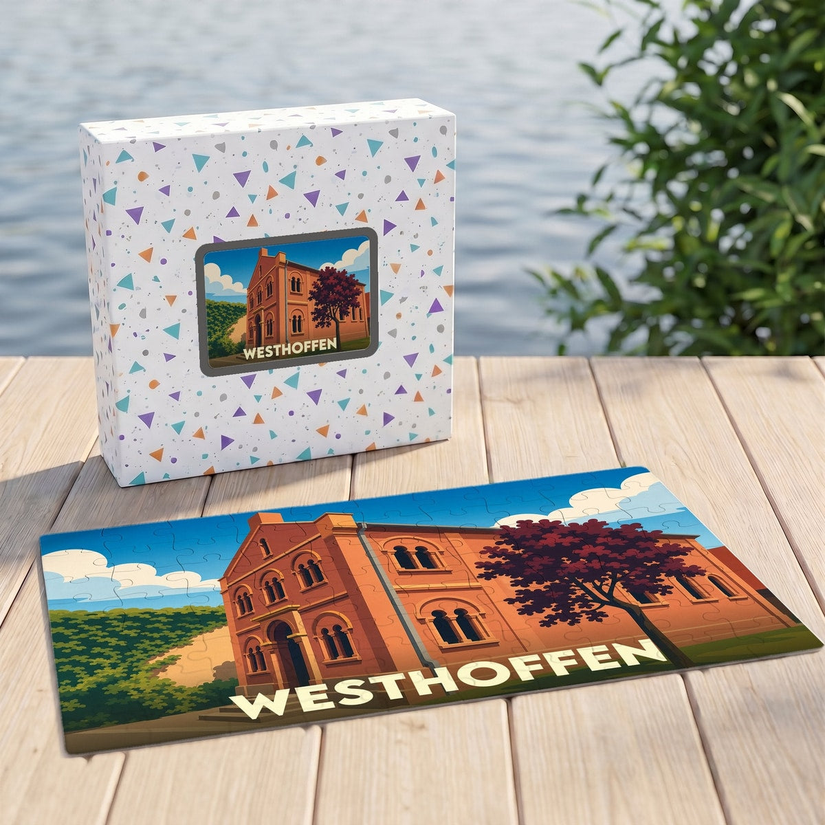 Puzzle souvenir de la ville de Westhoffen avec une illustration stylisée.