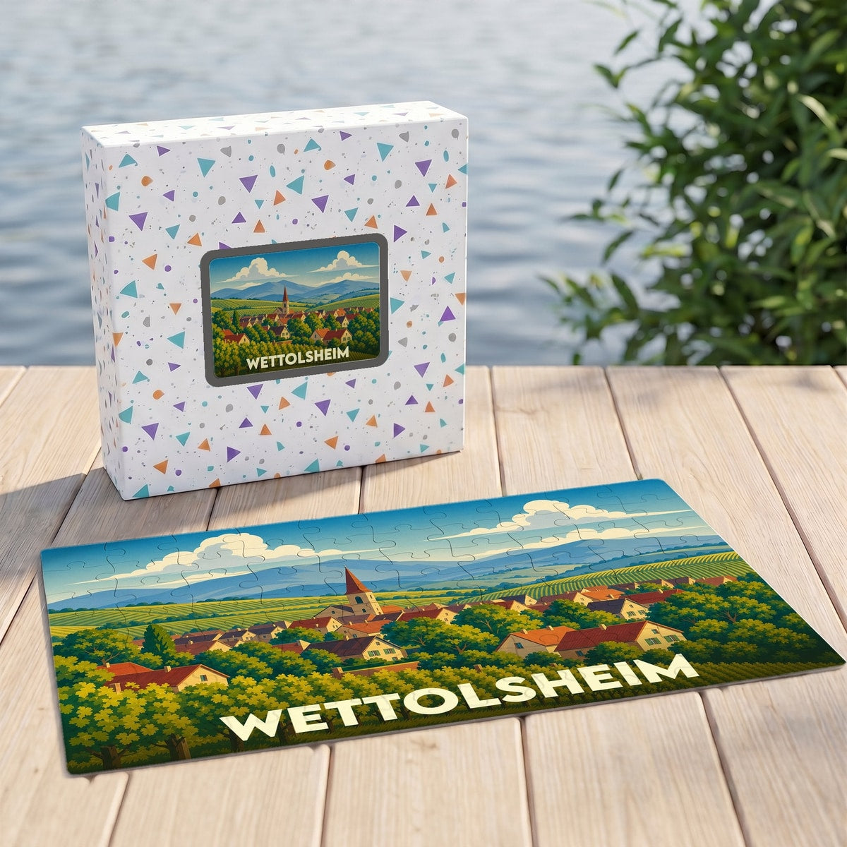 Puzzle souvenir de la ville de Wettolsheim présentant une illustration stylisée d'un paysage alsacien.