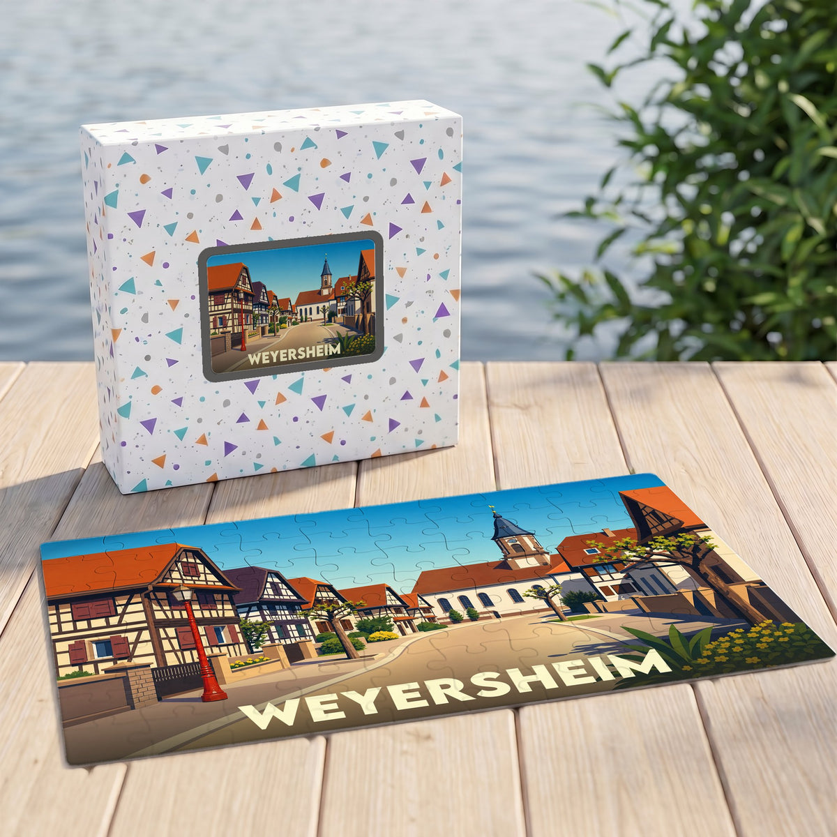 Puzzle souvenir de la ville de Weyersheim avec une illustration stylisée.