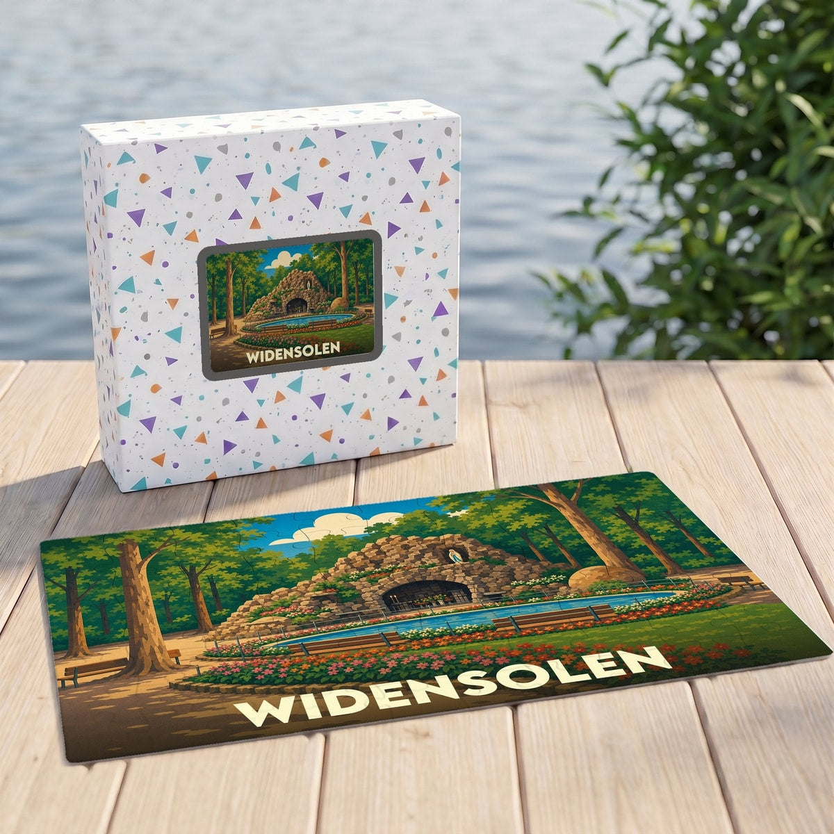 Puzzle souvenir de la ville de Widensolen avec une illustration stylisée d'une grotte dans un parc arboré.