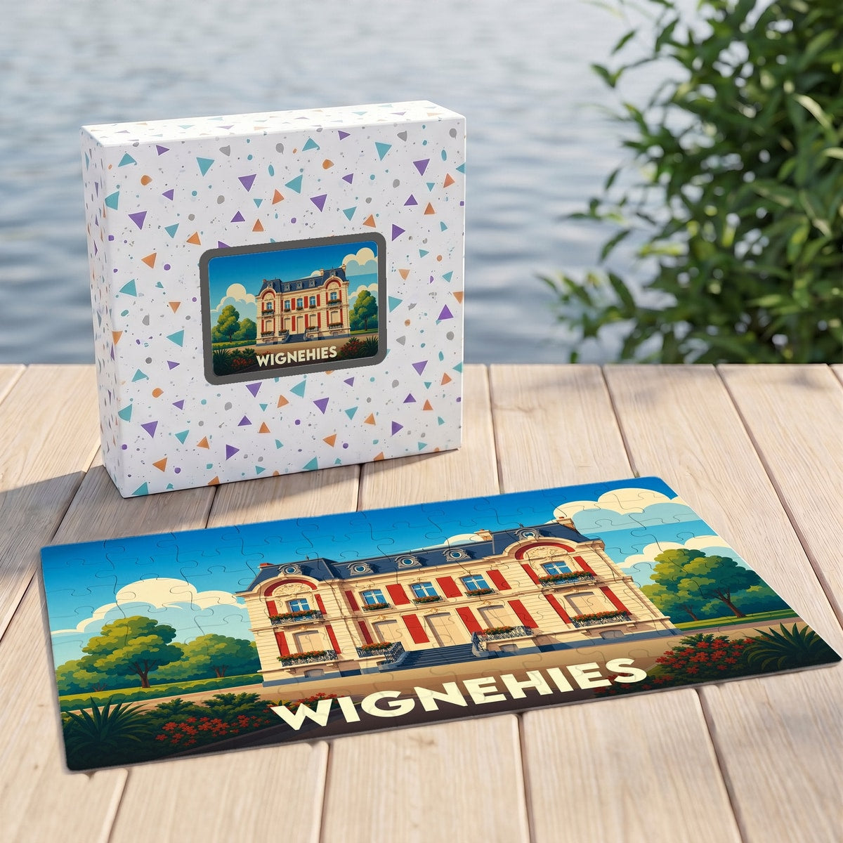 Puzzle souvenir de la ville de Wignehies représentant une illustration stylisée d'un bâtiment remarquable.
