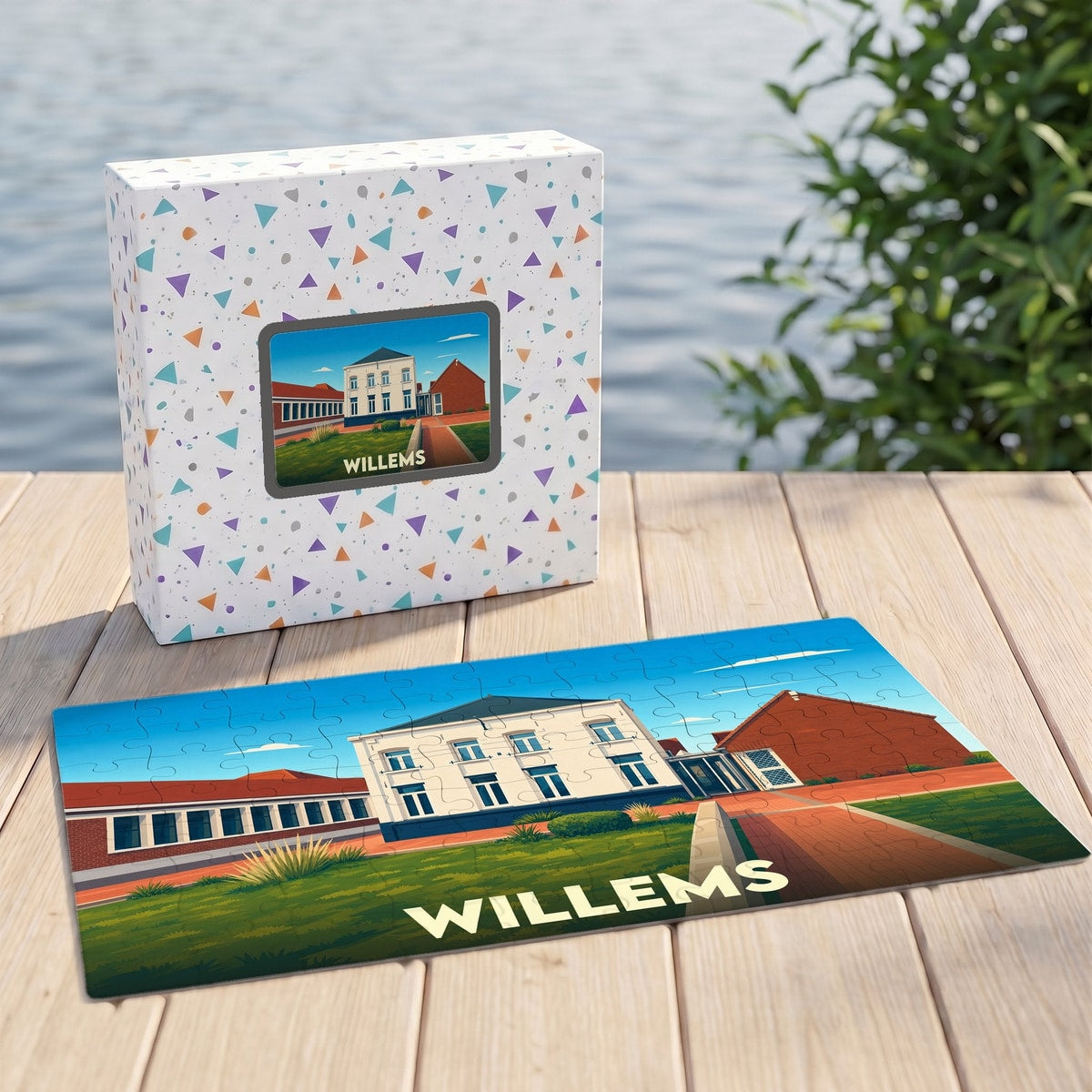 Puzzle souvenir de la ville de Willems avec une illustration stylisée.