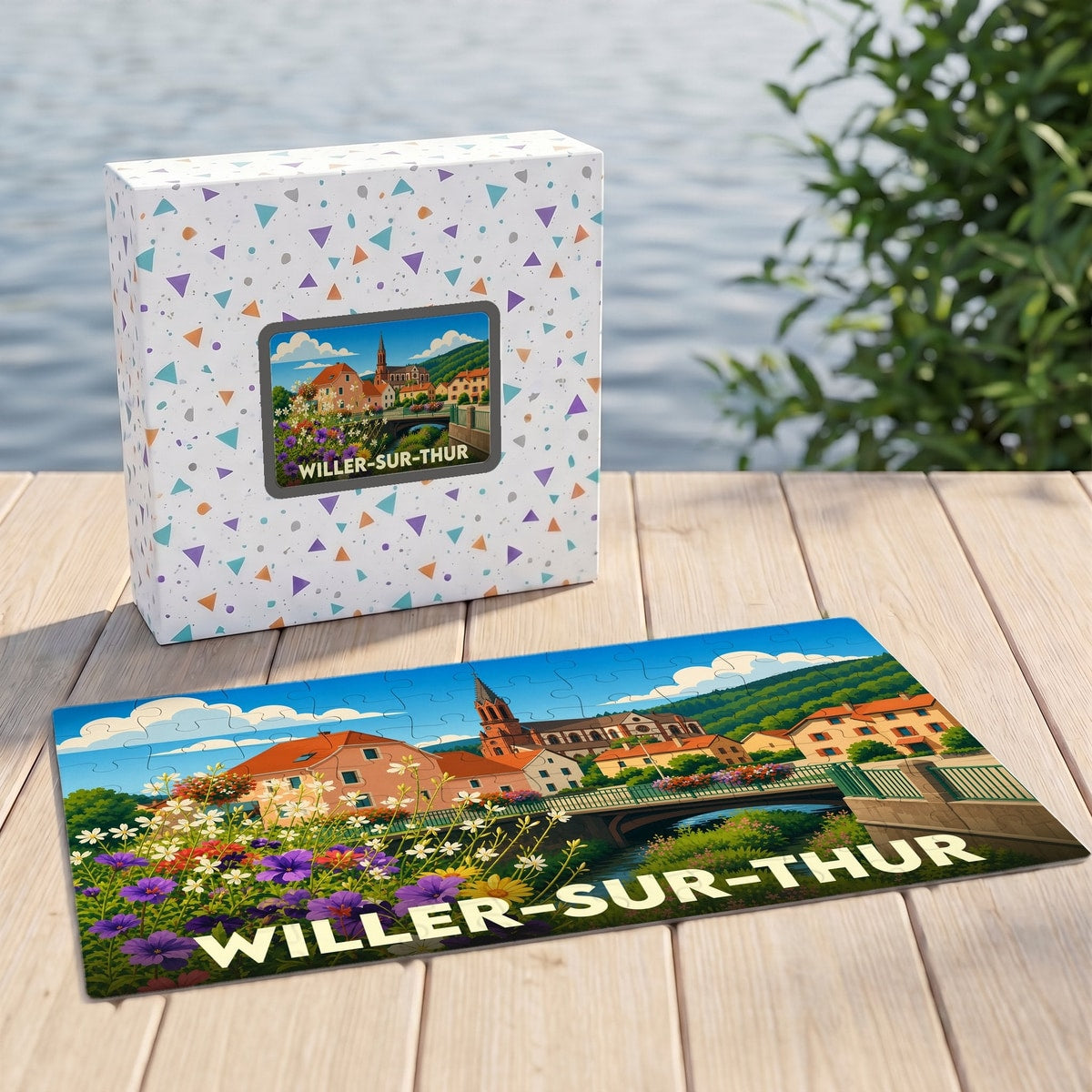 Puzzle souvenir de la ville de Willer-sur-Thur avec une illustration colorée et stylisée de son paysage urbain.
