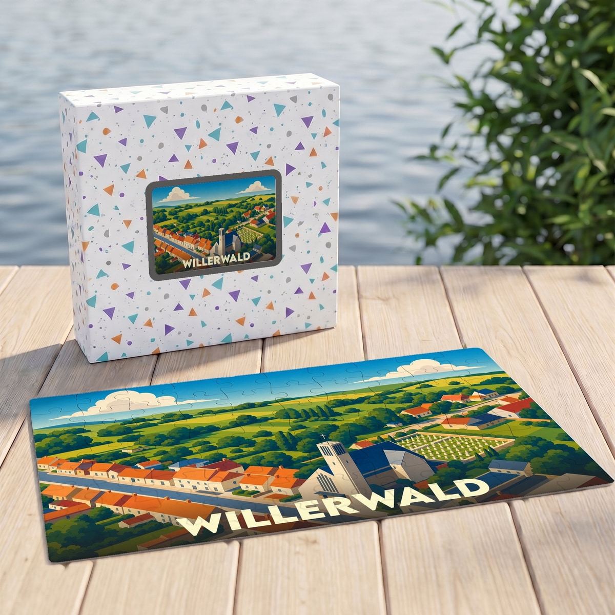 Puzzle souvenir de la ville de Willerwald avec une illustration stylisée et colorée du village.